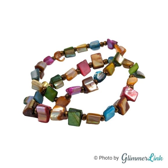 Multicolor Dyed Shell Bead Stretch Bracelets Set of 2 - Picture 2 of 7